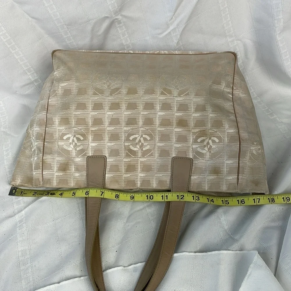 Chanel Travel Line CC Tote Bag Canvas Windowpane Shopper Beige Cream